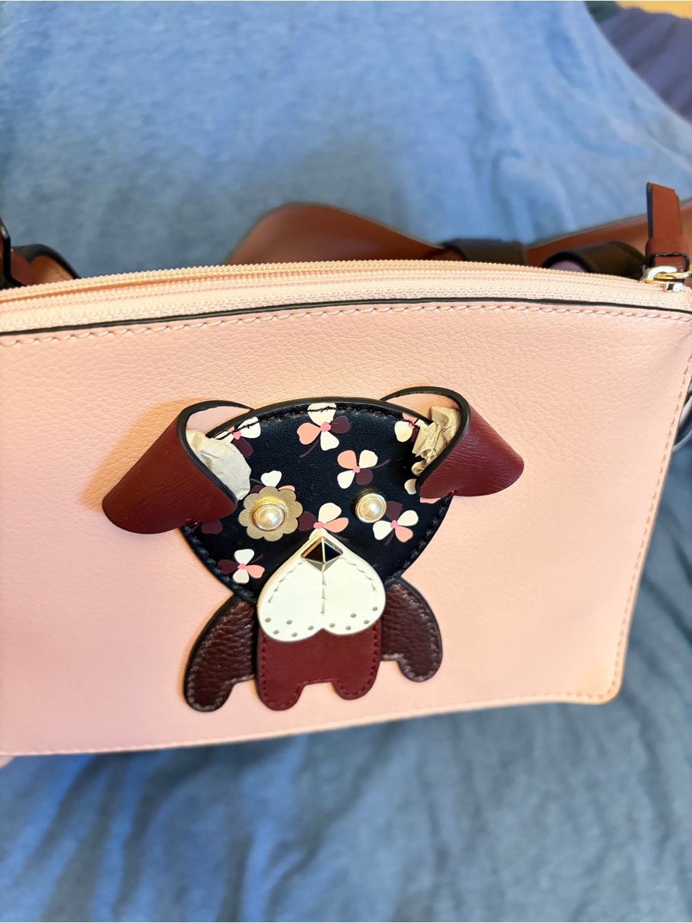 Kate Spade Vintage Black Leather Floral Pup Multi Print Tote with Pink Accents - Picture 5 of 7